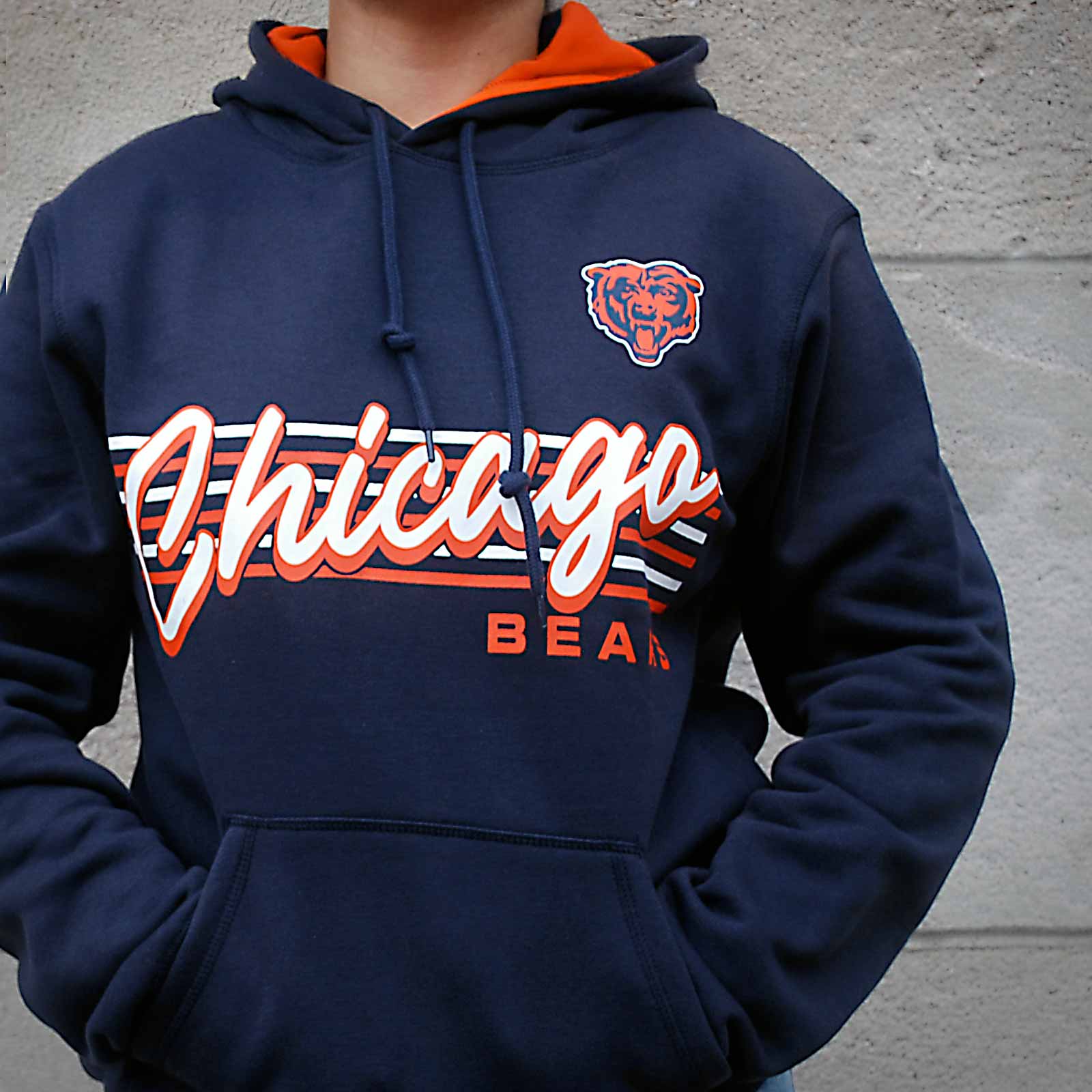 Chicago Bears New Era Navy Script Stripes Hooded Sweatshirt - Image 4