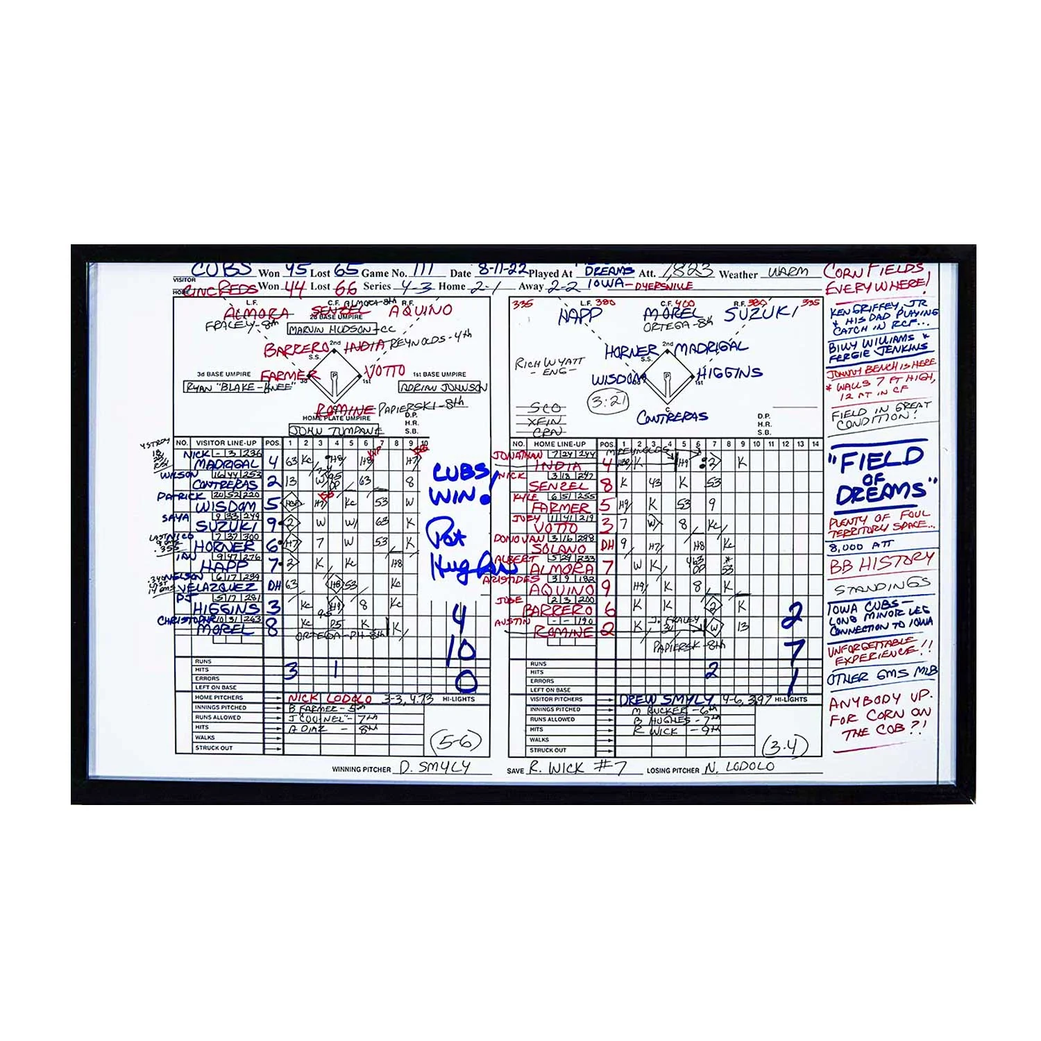 Chicago Cubs 2022 Field Of Dreams Pat Hughes Autographed Scorecard