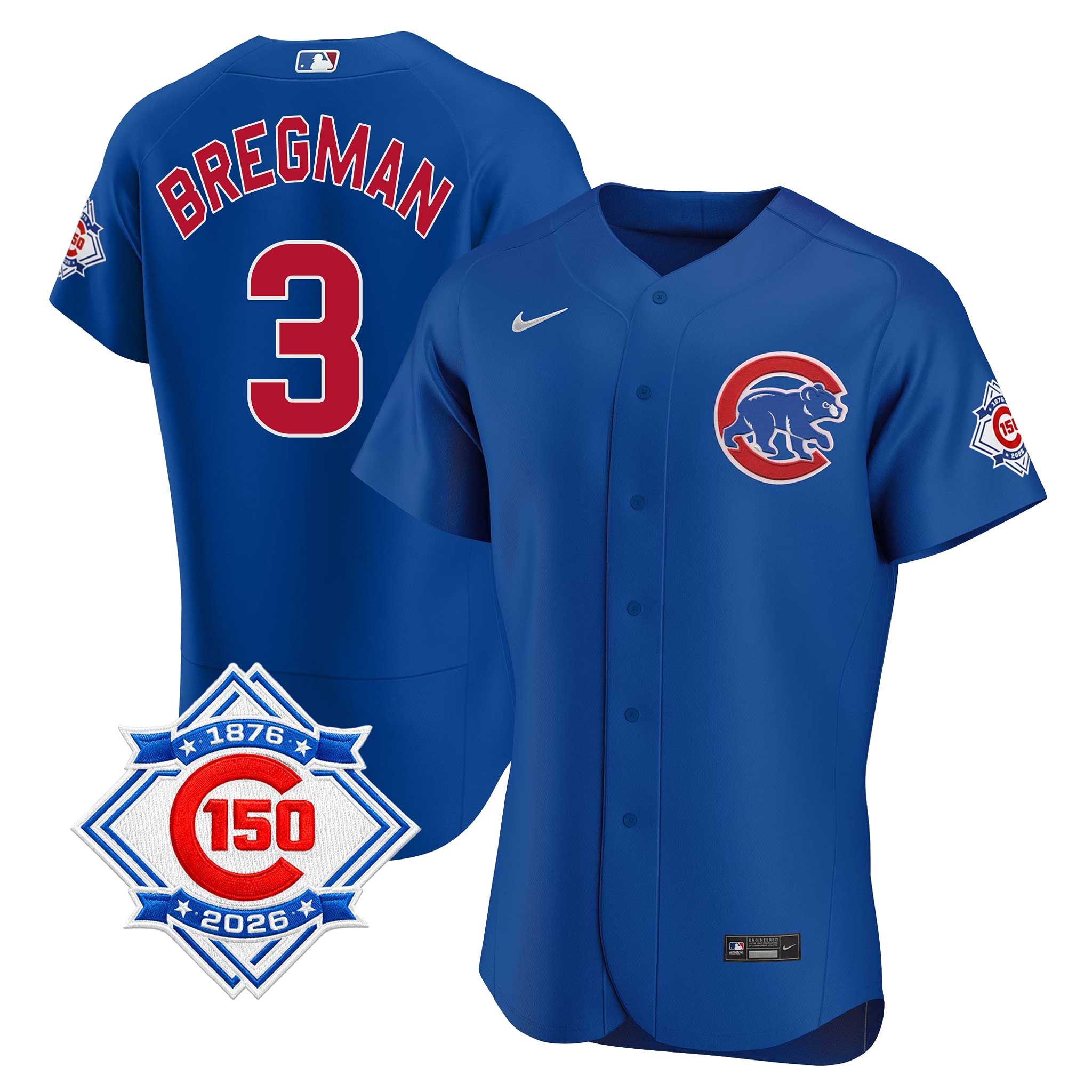 Chicago Cubs Alex Bregman Nike Coolbase Authentic Alternate 150th Anniversary Patch Jersey with Authentic Lettering