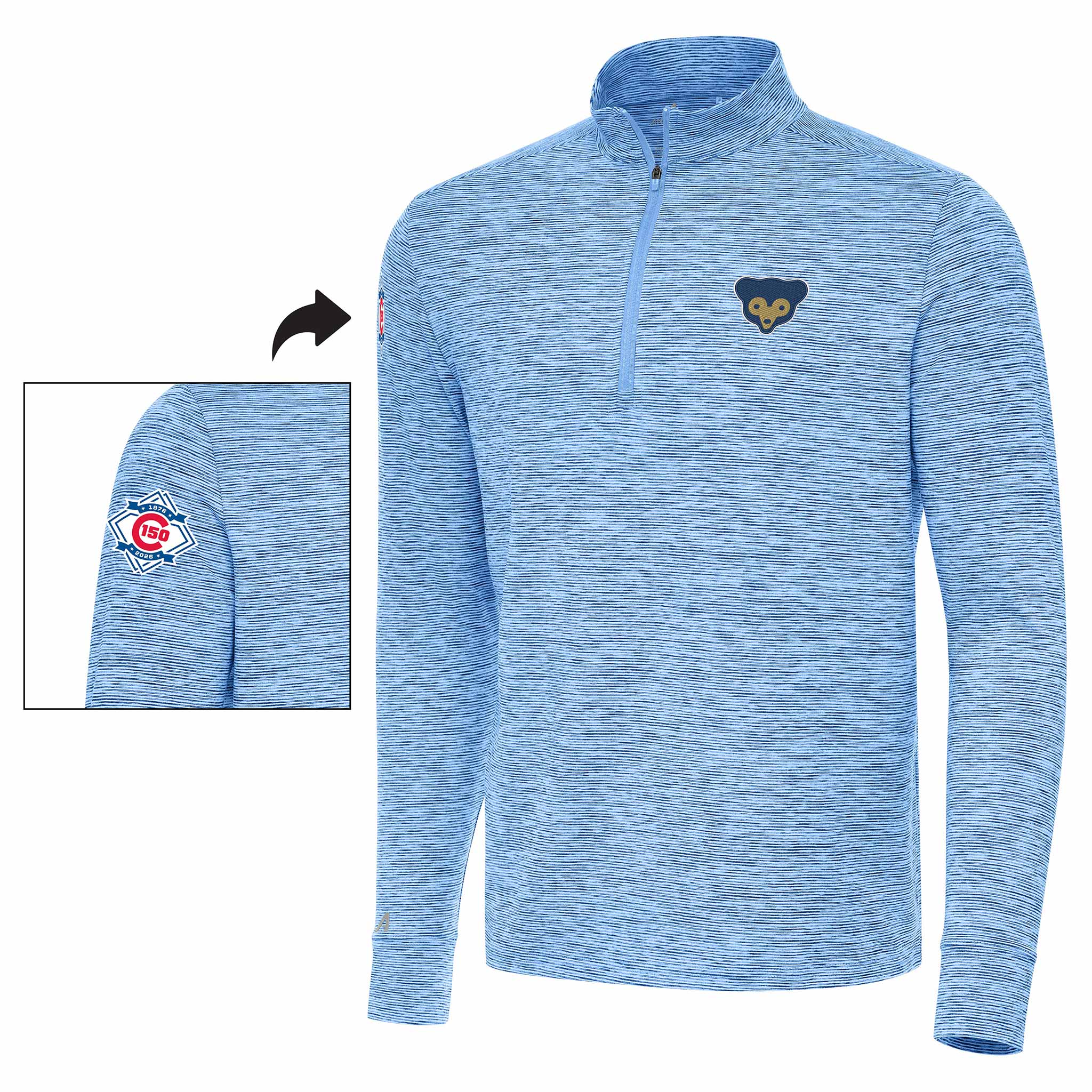 Chicago Cubs Antigua 150 Year Columbia Blue Quarter Zip Pullover