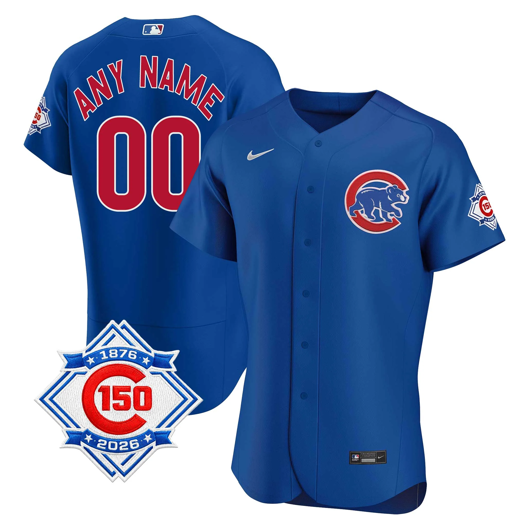 Chicago Cubs Customized Nike Coolbase Authentic Alternate 150th Anniversary Patch Jersey with Authentic Lettering