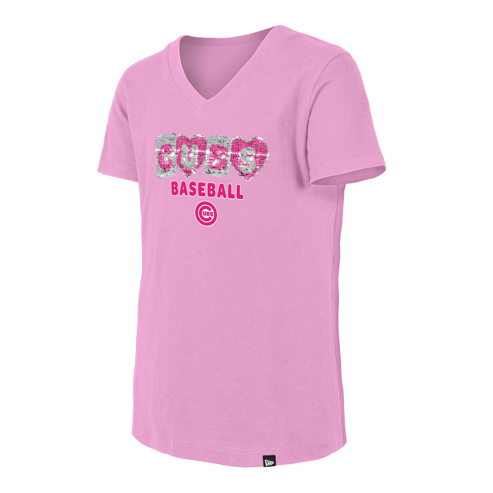 Chicago Cubs New Era Youth Girls Sequin Pink Blocks V Neck T Shirt - Image 2