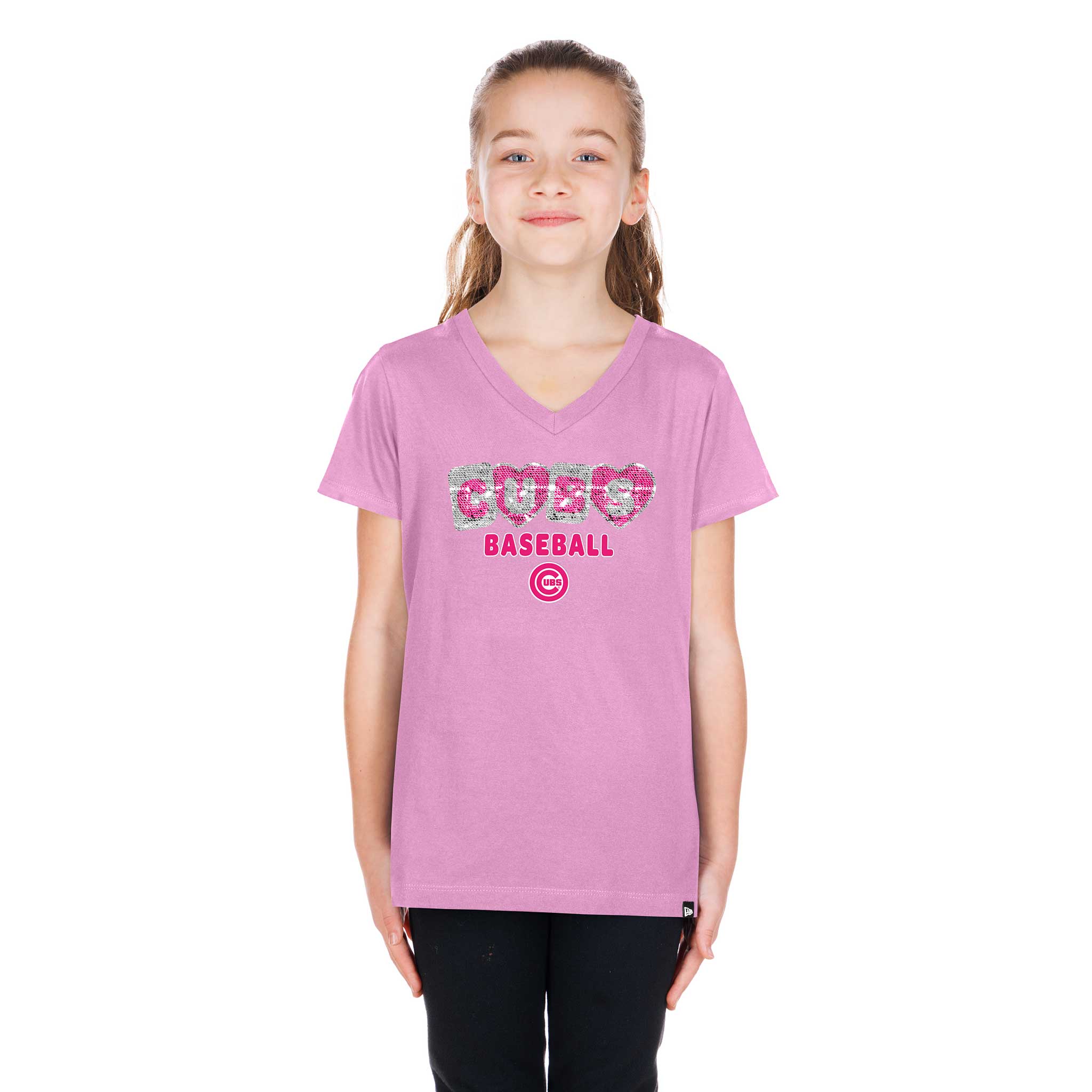Chicago Cubs New Era Youth Girls Sequin Pink Blocks V Neck T Shirt - Image 4