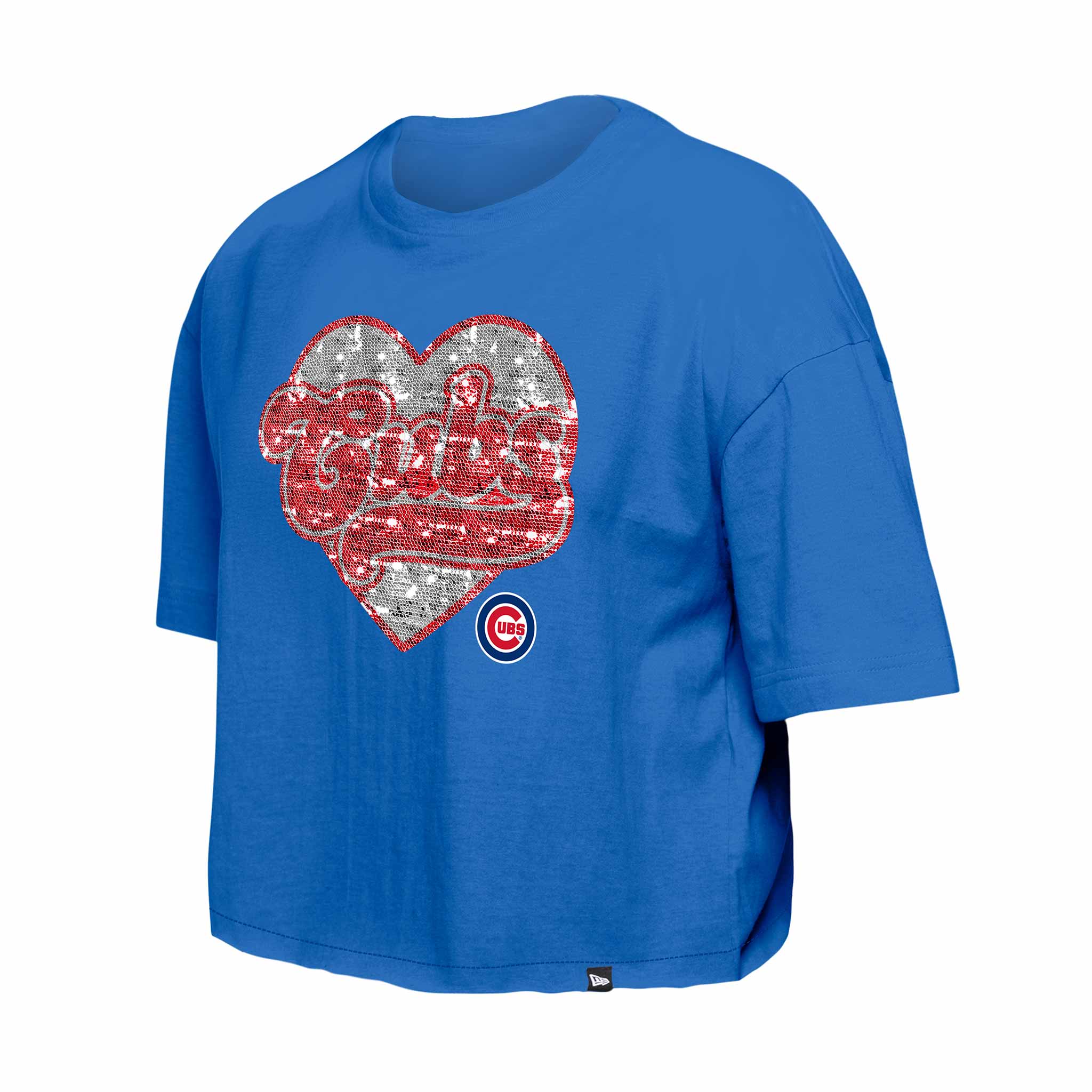 Chicago Cubs New Era Youth Girls Sequin Royal Heart T Shirt - Image 2