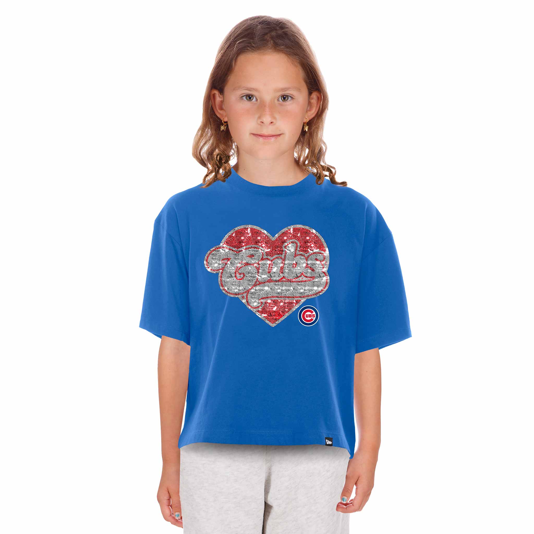 Chicago Cubs New Era Youth Girls Sequin Royal Heart T Shirt - Image 4