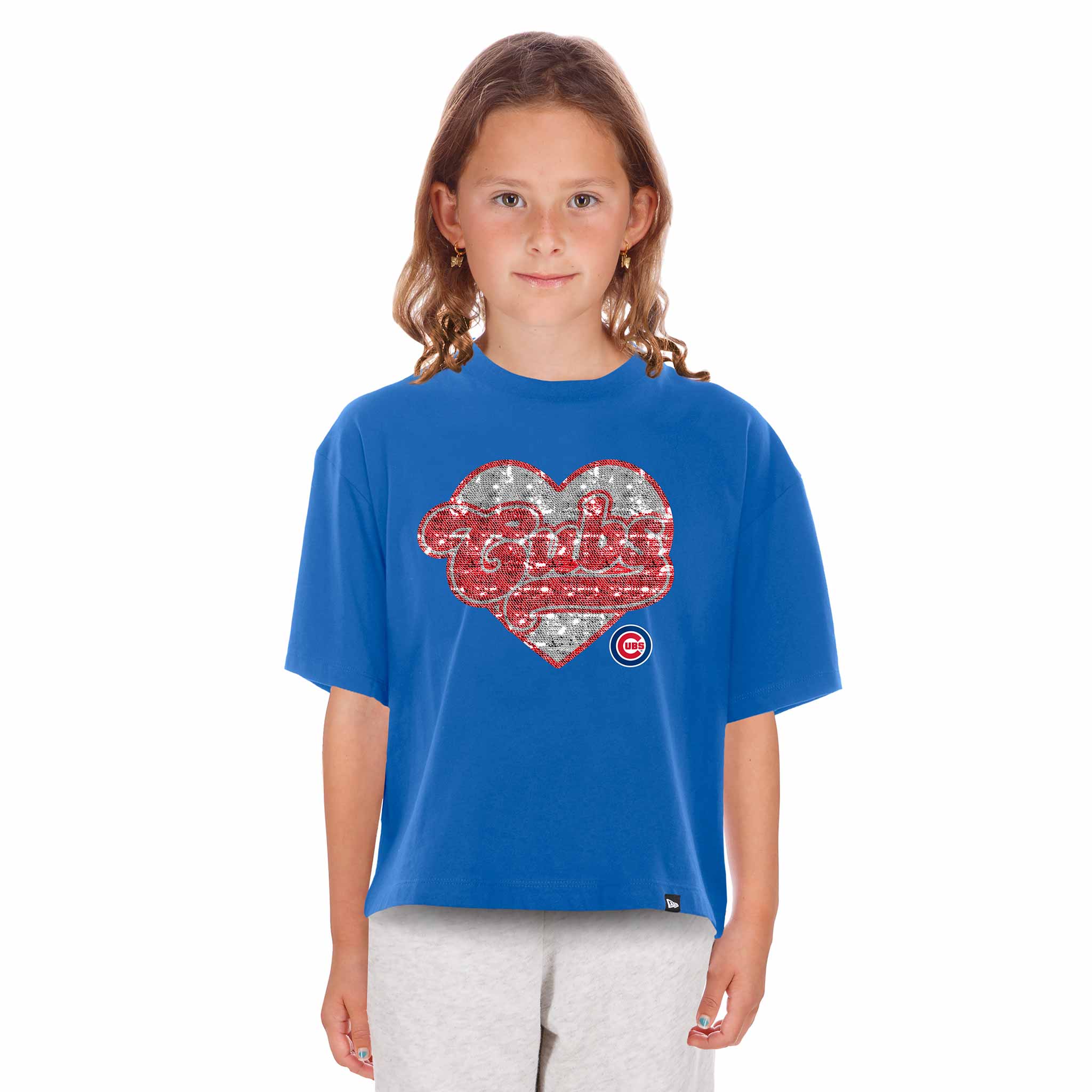 Chicago Cubs New Era Youth Girls Sequin Royal Heart T Shirt - Image 5