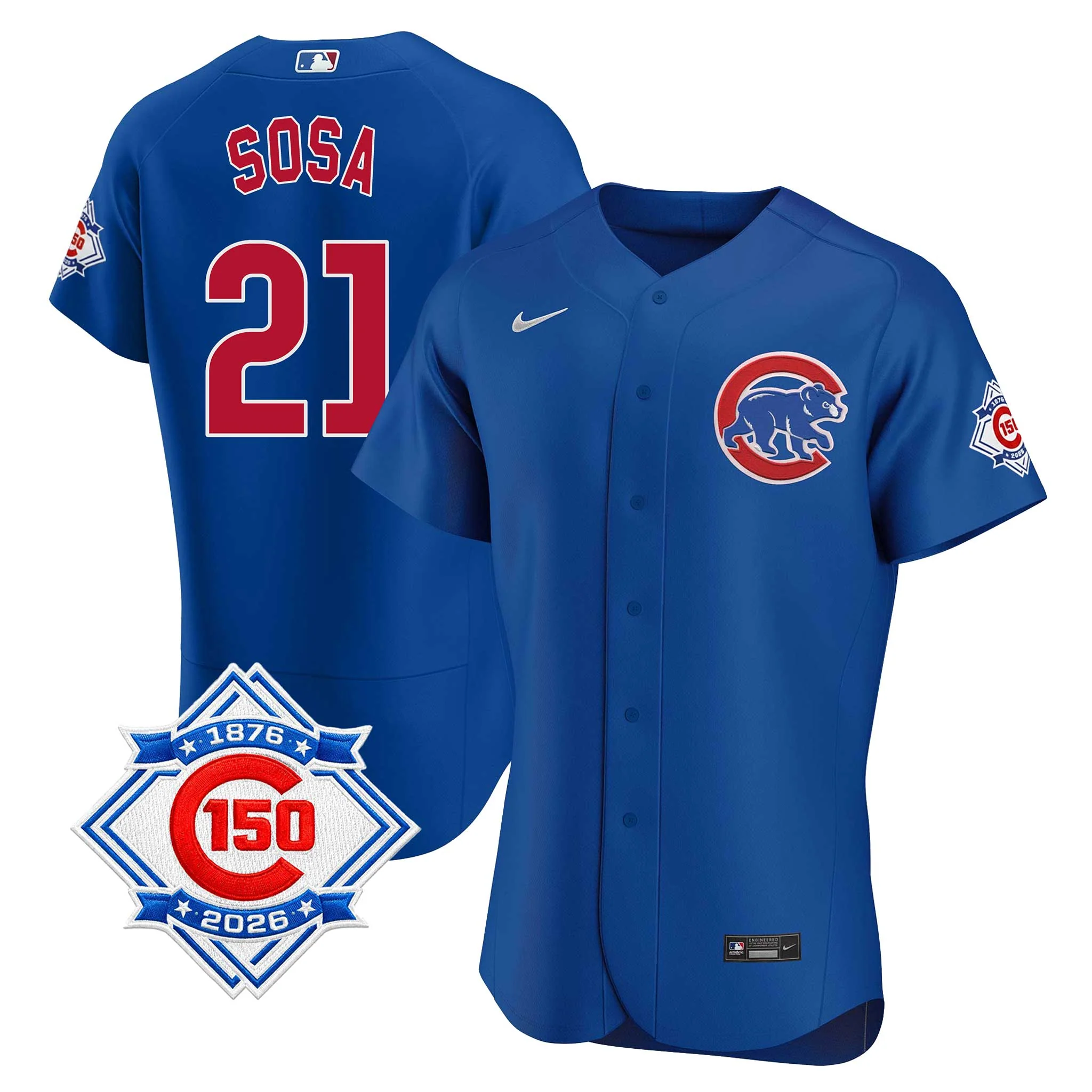 Chicago Cubs Sammy Sosa Nike Coolbase Authentic Alternate 150th Anniversary Patch Jersey with Authentic Lettering