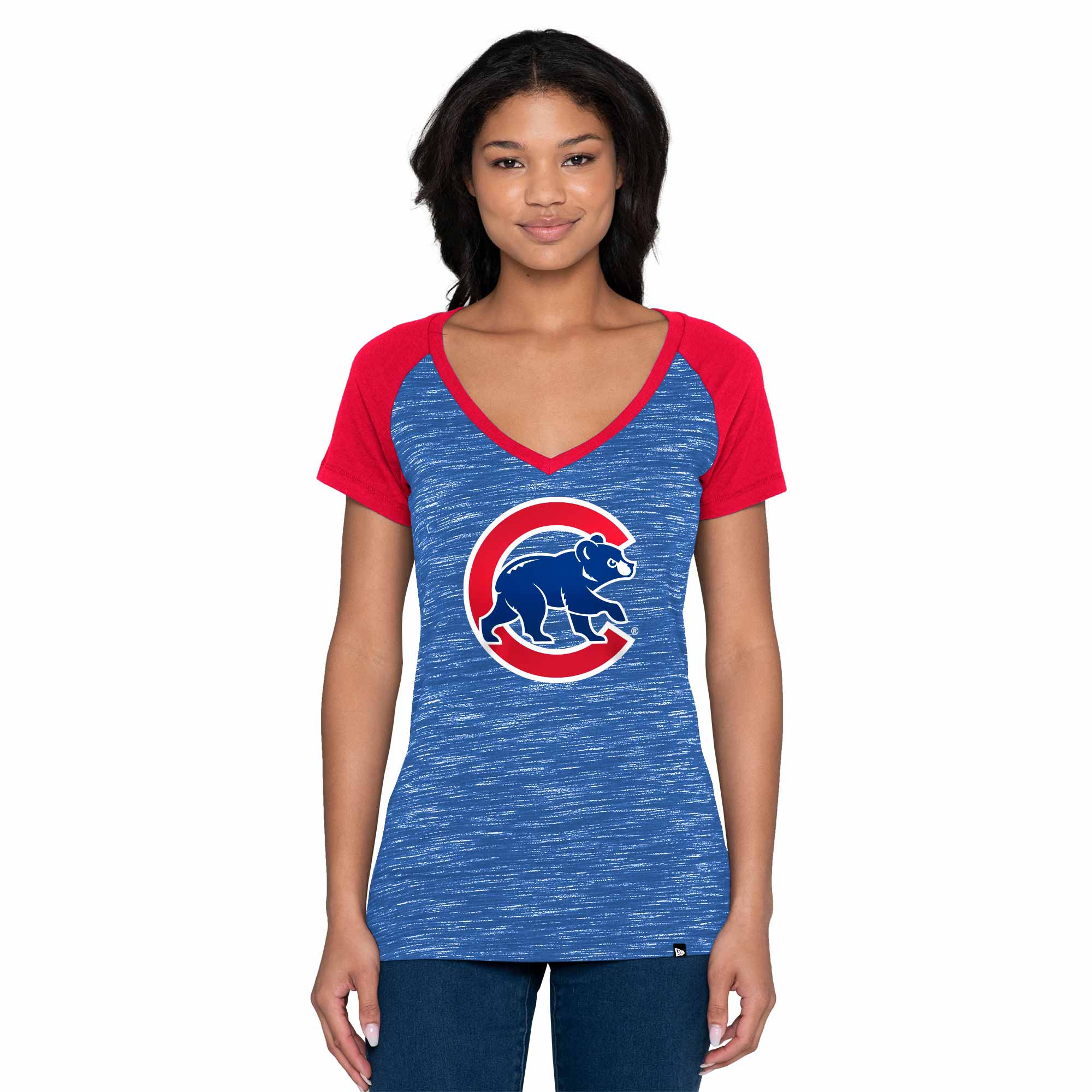 Chicago Cubs Women's Two Tone Walking Bear V-Neck T-Shirt - Image 3