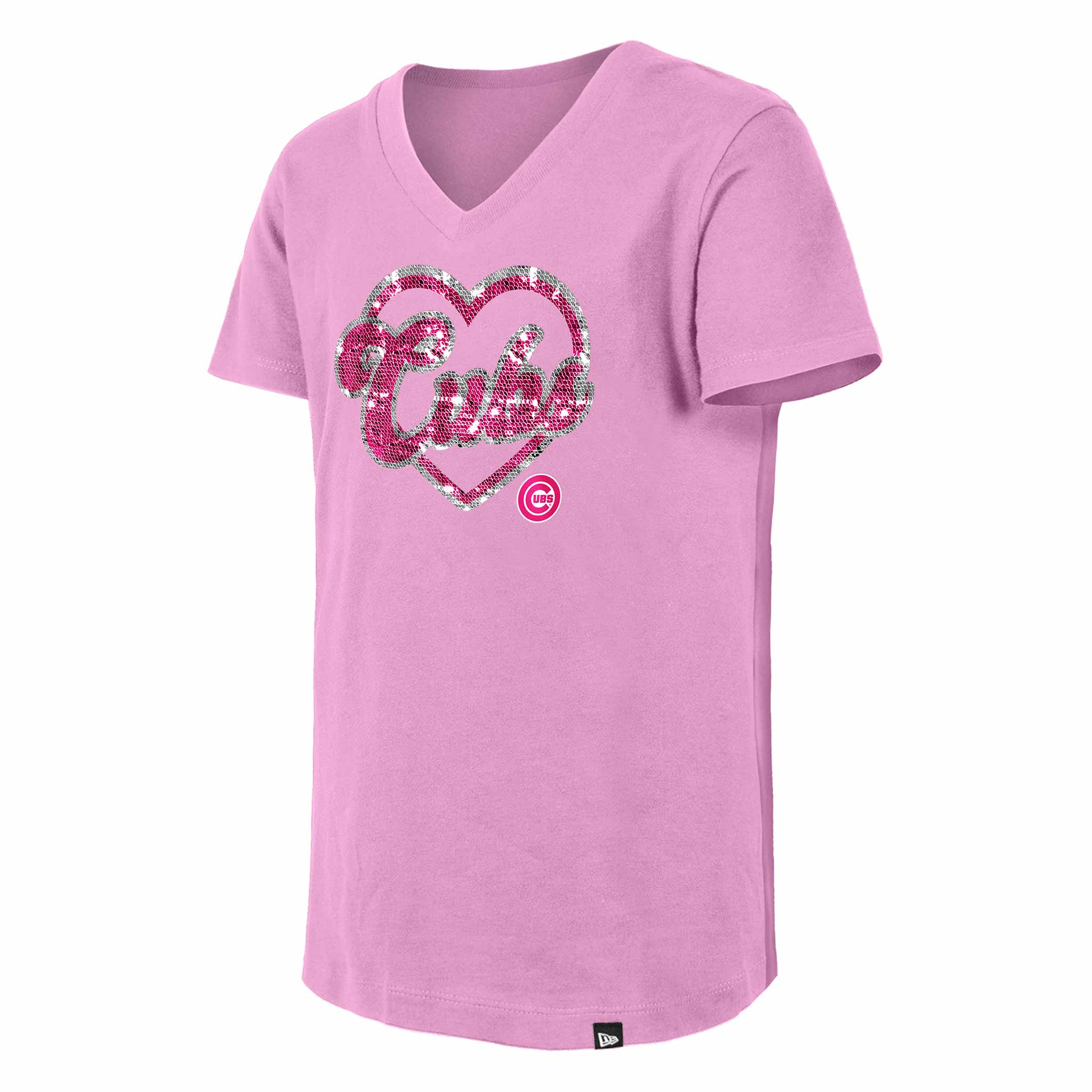 Chicago Cubs Youth Girls New Era Sequin Pink Heart T-Shirt