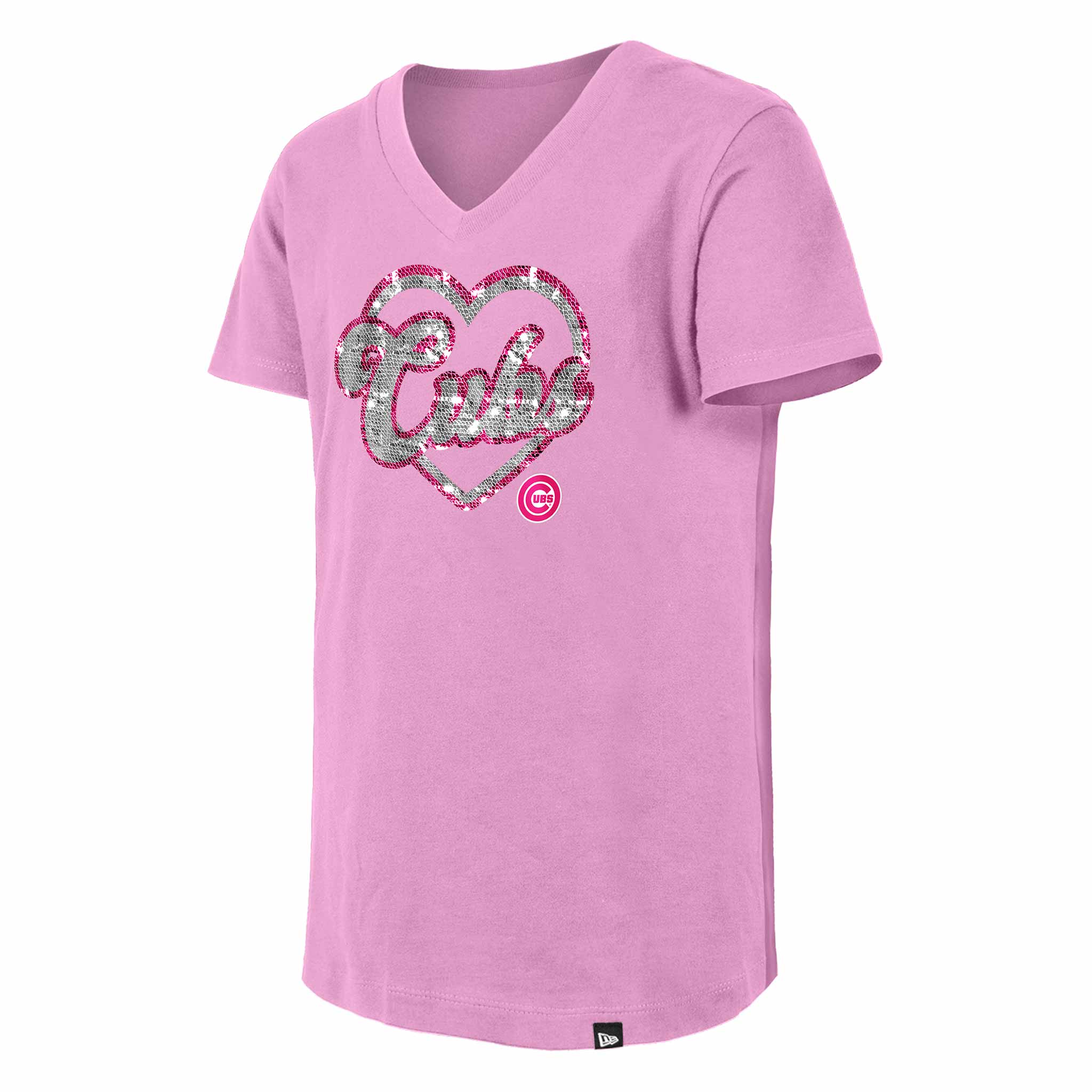 Chicago Cubs Youth Girls New Era Sequin Pink Heart T-Shirt - Image 3